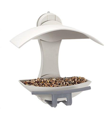 The NutteryWindow Bird Feeder WIND01 - Easy to Attach, Strong Suction Pads Included - Large Capacity Garden Bird Seed Feeder with Adjustable Perch Design (Stone White)