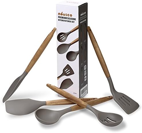 5 Piece Silicone Cooking Utensil Set with Natural Acacia Hard Wood Handle - Grey