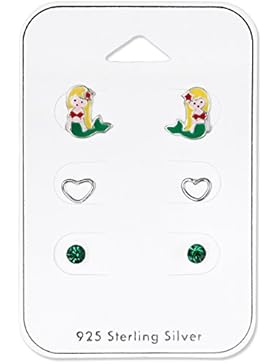 Set 3Paar Kinder-Ohrringe aus Sterling-Silber 925/000rhodiniert und Epoxidharz–Meerjungfrau–Herzen