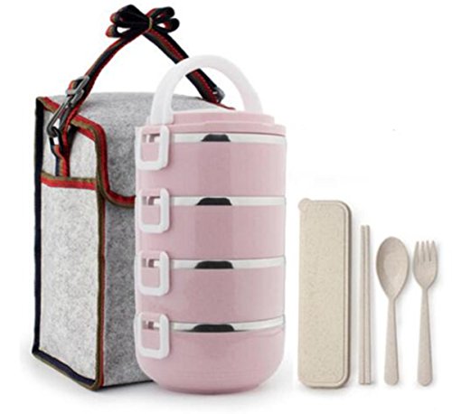 Large Capacity Stainless Steel Lunch Box Insulation Barrels Adult Lunch Box Multi-layer Lunch Tableware, Handbag Set , pink , 3