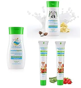 Mamaearth Daily Moisturizing Lotion, 200ml & Deeply Nourishing wash for Babies (200 ml, 0-5 Yrs) & 100 Percent Natural Berry Blast Kids Toothpaste, 50g Combo