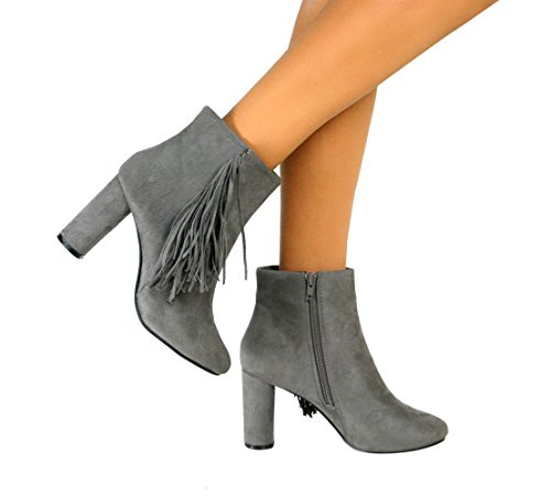 Perfect Me New Womens Suede Mid High Block Heel Ankle Boots Ladies Fringe Shoes Zip Size UK