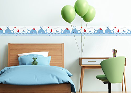 lovely label Bordüre selbstklebend WALE BLAU/ROT – Wandbordüre Kinderzimmer / Babyzimmer mit Walen im Meer in versch. Farben – Wandtattoo Schlafzimmer Mädchen & Junge, Wanddeko Baby / Kinder - 2