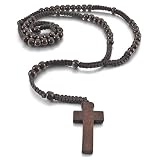 MunkiMix Holz Anhänger Halskette Braun Kruzifix Kreuz Kugel Perle Perlen Retro 24 Zoll Rosenkranz Kette Herren,Damen - 2