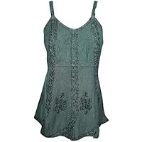 Mogul Interior Womens Blouse Top Spaghetti Strap Summer Style Gypsy Green Rayon Tank Tops