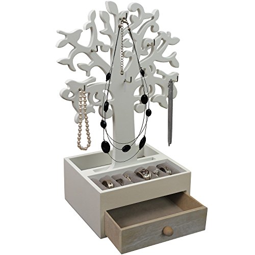 Preisvergleich Produktbild Schmuckbaum H30,5cm mit Schmuckkasten Ablagen + Schubfach Schmuckständer Schmuckhalter Kettenständer Weiß / Natur