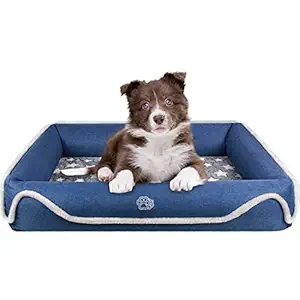 EMPSIGN Bolster 2-in-1 Dog Bed, Pet Bed with Reversible Inner Pad (Cool & Warm), Washable Bed Water Repellent Removable Covers, Waterproof Non-Skid Bottom & High Density Foam, Blue & Grey, Star Print