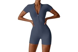 Litthing Mono Deportivo Mujer Corto Ropa Deportiva con Cremallera Elásticos Mangas Cortas Jumpsuit Sexy Ajustado Bodysuit Una Pieza Push Up Fitness Body Overol
