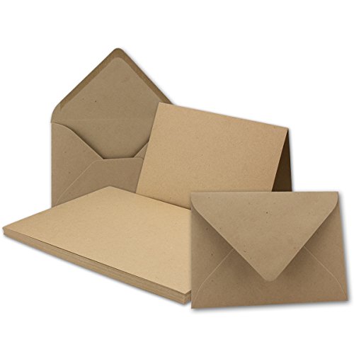 DIN B6 Faltkarten SET aus Kraft-Papier in sandbraun | 50 Sets | Doppel-Karten & Briefumschläge aus Recycling-Papier | bedruckbare Natur-Postkarten in DIN B6 Format | ideal für Weihnachten, Grußkarten und Einladungen | Serie UmWelt