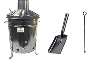 Srendi® Small Medium Large 15L 60L 90L Litre Metal Galvanised Garden Incinerator Fire Bin Burning Leaves Paper Wood Rubbish Dustbin Shovel and Poker Made in U. K. (15L INC+Shovel&Poker)