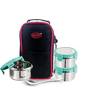 MARU Small Stainless Steel Lunch Box Tiffin Containers with Steel lids for Office and School | 1 Insulated Bag, 3 containers and 1 Spoon | Airtight Leakproof Steel lid (Sea Green, 250ML *2 + 350ML)