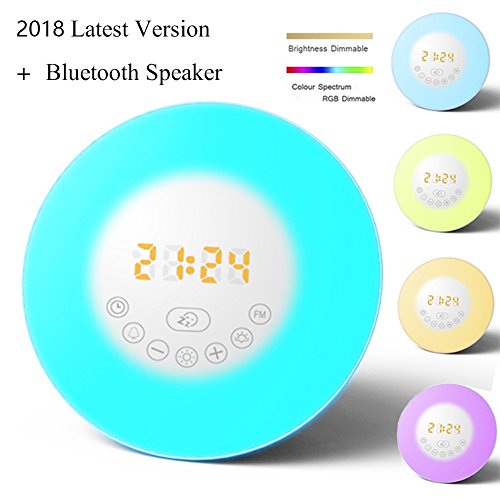 (Última versión 2018) Reloj despertador Amanecer, Altavoz Bluetooth Luz de Despertar, Despertador con 6 sonidos de la naturaleza, Radio FM, Luz Nocturna de 7 Colores, Control táctil, Snooze