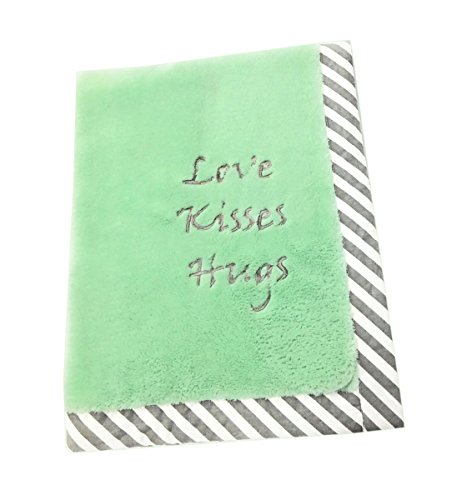 Bacati Love Unisex Kisses and Hugs Embroidered Plush Blanket, Mint/Grey