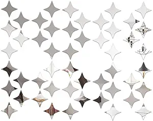 Wall1ders - Dakshita Decor 50 Four Point Star Silver 3D Acrylic Sticker, 3D Acrylic Stickers for Wall, 3D Mirror Wall Stickers, 3D Mirror Stickers Wall Decor Items for Home and Office.