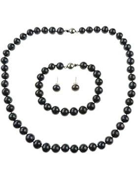 9–10mm Off dunkel grau rund Süßwasser Zuchtperlen Halskette, Armband und Ohrringe Set in Geschenkverpackung