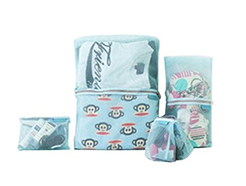 FakeFace 4er-Set Polyester Netz Stil Wäsche Organizer Tasche Aufbewahrungstaschen Kleidertasche Schminktasche Beautycase Gepäcktaschen Set für Koffer Packing Cubes Koffertaschen für Angenehme Reise (Blau) - 6