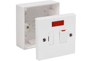 SDFIXINGS Fused Spur Side Flex 13Amps White Electrical Connection Unit - Optional Neon Indicator, Single 25/35/45mm Pattress Back Box Surface Mounted 1 Gang (Switched Fused Spur with Neon, SET with 25mm Box)