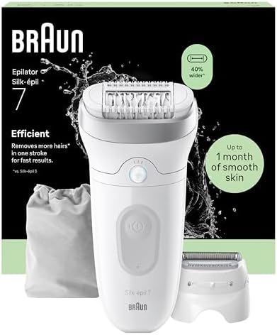 Braun Silk-Épil 7 Epilatore Elettrico Donna con Testina Ampia per Facile Rimozione Peli, Rasoio Elettrico Donna, Wet&Dry, Pelle Liscia a Lungo, con Testina Radente, Cappuccio Regolatore,7-030,Argento