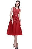 Dargestellte Farbe: Rot Babyonline Damen Rot Perlstickerei Spitze Applique Tüll Schärpe/Band Abendkleid Knielang Cocktailkleid Knielang 34