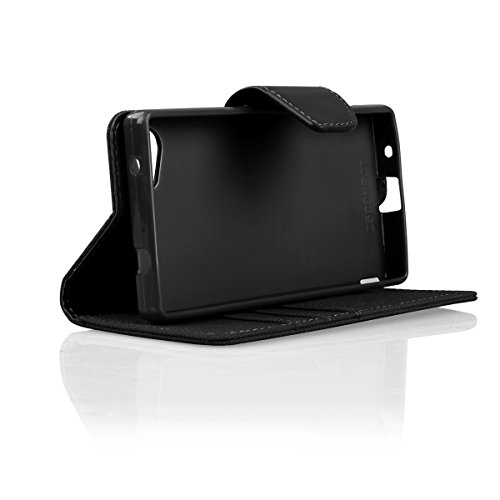EGO® Bookstyle Handy Tasche mit praktischer Aufstellfuntkion für Sony Xperia Z5 Compact Schwarz Flip Case Magnetverschluss Book Cover mit Kartenfach Wallet Stand Schutz Hülle Canvas - 2