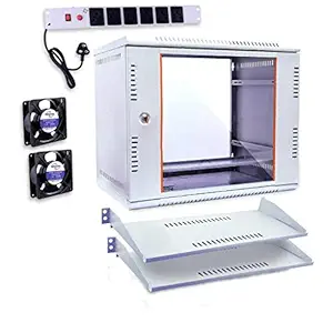 Server Rack 9U Combo Wall Mount Rack with 6 Power Socket & Cable - Lock - Tray (2 No) - 2 Cooling Fans and Adjustable Shelf