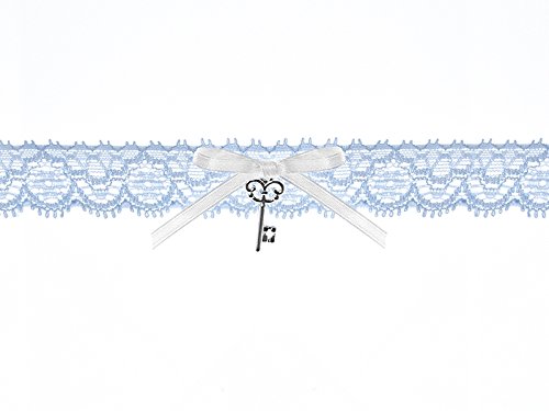 Strumpfband Chiffon in hellem blau mit kleiner Schleife aus Satin und einem silbernen Schlüssel für die Braut Hochzeit