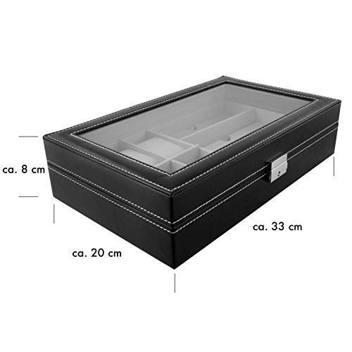 VENKON – 2 in 1 Uhrenbox & Brillenbox mit Schaufenster aus Glas für Aufbewahrung von 6 Uhren & 3 Brillen – Kunstleder Schwarz – 33 x 20 x 8 cm - 4
