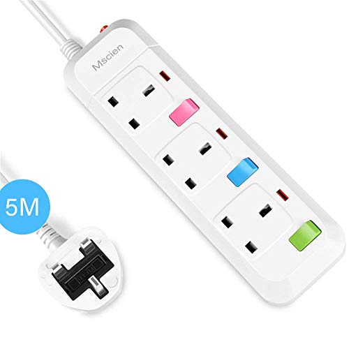 5m 3 way long extension lead individually switched mountable surge protected power strip with 5 meter extension cable