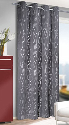 Moderne, sanft fallende Verdunkelungsgardine / Verdunkelungs – Ösenschal / Thermo – Gardine “ BLACK STAR “ in SCHWARZ mit wundervollen Wellenlinien in SILBER – mit Ösen – elegante Optik – Größe 135×245 cm – Blickdicht – Starke Verdunkelung – Wärmeisolierend im Winter – Kühlend im Sommer – Schallschluckend – auch in weiteren Farben erhältlich – aus dem KAMACA-SHOP - 3