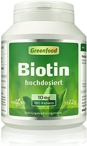 Greenfood – Vegan Biotin (vitamin B7), 10 mg, high dosage, 120 capsules – beauty vitamin (beautiful skin, strong hair, stable fingernails, good mood). NO artificial additives. Non GMO. Vegan