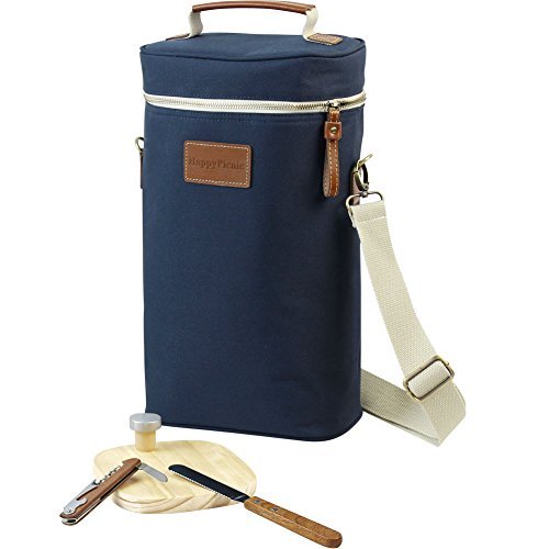 HappyPicnic Borsa glacette Termica, Viaggi Carrier Tote Set con Formaggio, cavatappi e Tappo per Bottiglia Navy Blue