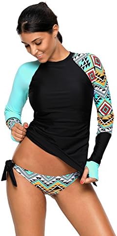 FuYang Womens Long Sleeve Rash Vest Guard Top Sun Protection Tankini Sets Swimwear Swimsuit by (Blue, UK 18=Tag Size XXXL)