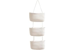 FARYODI Organizador colgante de lino con cesta de cuerda de algodón de 3 niveles, ahorra espacio, organizador de pared para dormitorio y salón, color blanco