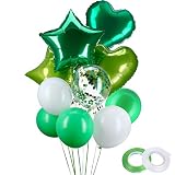 Paquete: incluye 30 piezas de 12 pulgadas, blanco, verde claro, globos de látex verdes y 10 piezas de globos de confeti, 2 piezas de globos con forma de corazón de 18 pulgadas (verde claro y verde), 2 piezas de globos con estrella de 18 pulgadas (verdes y verdes claros), 1 x cinta verde, 1 x cinta blanca