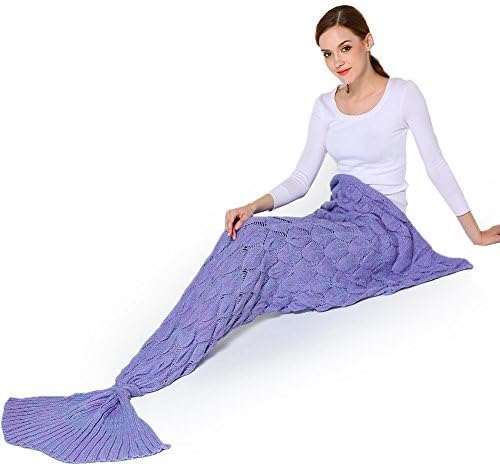 Handmade Knitted Mermaid Tail Blanket ,Sofa Quilt Living Room Blanket Mermaid Blanket for Adults and Kids （78" x 35.5" ）（light purple）