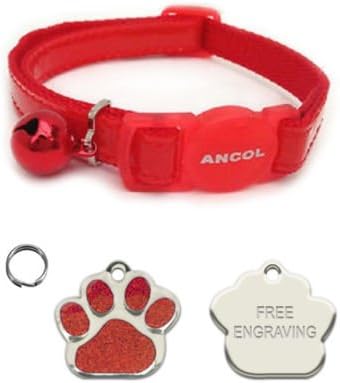 ANCOL Cat Red Reflective Gloss Quick Release Collar With Paw Print Shaped Nickel Cat ID Tag