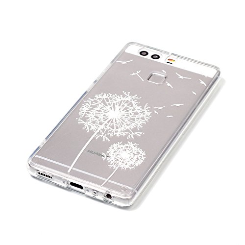 Huawei P9 Schutzhülle,Huawei P9 Hülle,JAWSEU Niedlich Weiß Löwenzahn Crystal Hart Kunststoff Back Schutzhülle mit TPU-Silikon Rahmen in Transparent Bumper PC Back Durchsichtig Cover Schutzhülle Etui Tasche für Huawei P9+1xSchwarz Glitzer Bling Eingabestift-Weiß Löwenzahn - 2