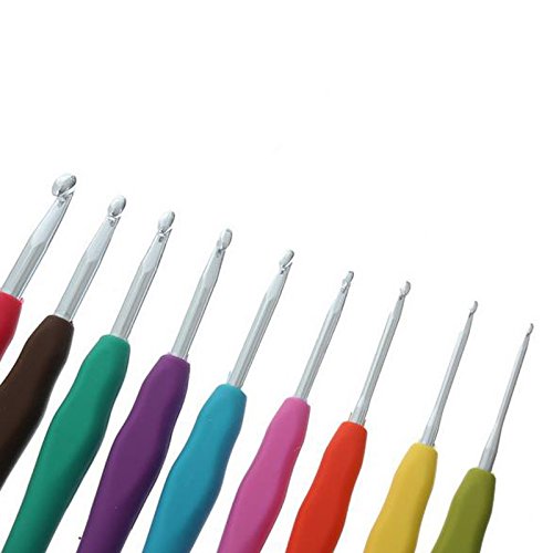 LemonBest® 9 Stück Aluminium Häkelnadeln Nadelset mit bunten Gummigriff, 2mm, 2.5mm, 3mm, 3.5mm, 4mm, 4.5mm, 5, 5.5, 6mm - 3