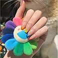 SJOAUET Coffin False Nails with Glue Stickers, Multicolor Medium Fake Nails, 24PCS Glossy Nude Short Ballerina Acrylic Press On nails, Rainbow Red Pink Yellow Stick On Nail for Women Girls No Glue