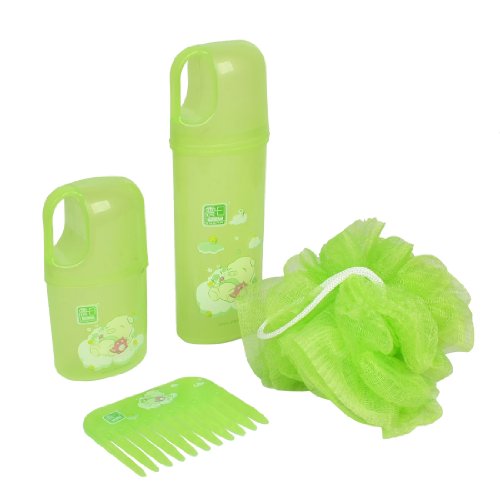 4 in 1 Green Plastic Shower Gel Bottle Bath Shower Pouf Comb w Plastic Bag