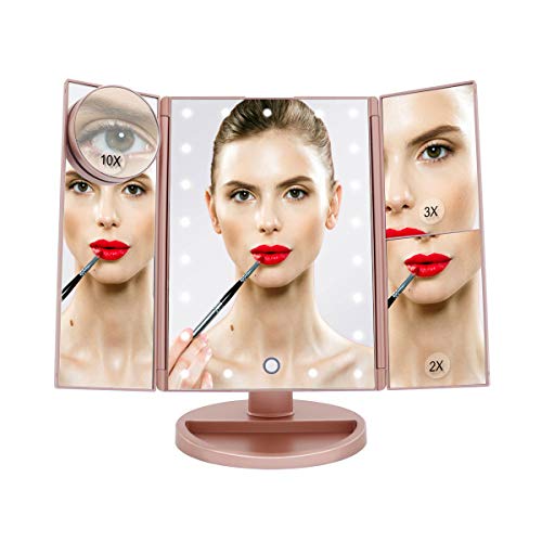 Boston Tech BE-104 Miroir de Maquillage Triple Or Rose, Miroir de Bureau Lumineux LED et réglable, Magnification 1X / 2X / 3X /10X, Batterie (Chargeur USB) ou pilles, Rotation de 180 Degrés