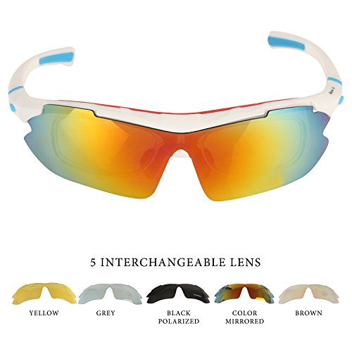 Lunettes de Soleil pour Sport d'Extérieur - Cyclisme - Course - Conduite - Pèche - VTT - 5 Verres Interchangeables...