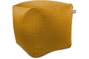 rucomfy Beanbags Velvet Cube Footstool Luxury Bean Bag Pouffe, Home Living Room Furniture Foot Rest. Soft Furnishings Decor for Bedroom or Lounge. Machine Washable - 38 x 38 x 38cm (Mustard)