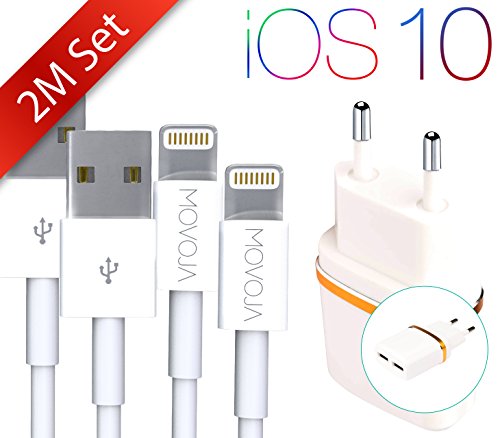 MOVOJA® [Lightning Ladekabel 2x 1 Meter] + [Doppel-Wallcharger Lightning] für Strom und Datentransfers Lightning-Ladekabel | Lightning-Ladegerät inklusive USB-Adapter / Ladeadapter mit Quick-Charge / Fast Charge Funktion | geeignet für iPhone 5 / iPhone 6 / iPhone 7 / iPhone 7 Plus / iPad Air / iPod Nano uvm. Lightning Lade SET 5
