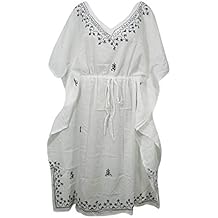 Womens Kaftan Dress White Cotton Gauze Drawstring Maxi Caftan L