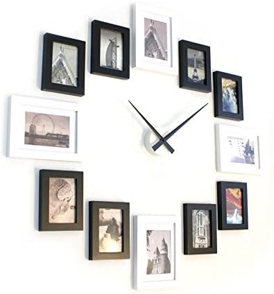 Homeloo Modern 12 Wooden Photo Picture Frame Set Wall Clock (Black White)