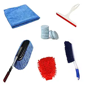 Kanya Car Cleaning Accessories Kit Combo,Car Washing Accessories (Microfiber Duster,Cloth,Wiper,Brush,2 Pcs Magics Tablet,Hand Gloves) Full Interior and Exterior Cleaning Kit Pack of 6