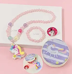 Le Delite Kids Jewellery Combo -Box case LED Light Pink Pearl mala pendent Chain,Girls braclet &Finger Ring/Necklace Jewelry Set, Unicorn Birthday Gifts Girls, Stylish Necklace (MALA ,Ring& Box)