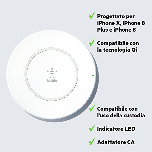 Belkin Boost Up Tappetino di Ricarica Rapida Wireless, 7.5W, Iphone X/8/8+ e Altri Dispositivi, Tecnologia Qi, Progettato in Collaborazione con Apple, Certificazione Qi, Caricatore Eu Incluso, Bianco