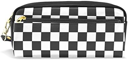 ALAZA Black and White Checkered Pencil Case Zipper PU Leather Pen Bag Cosmetic Makeup Bag Pen Stationery Pouch Bag Large Capacity